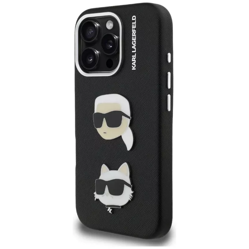 Capa KARL LAGERFELD FW Grained Karl & Choupette Heads Pins para iPhone 16 Pro, preto