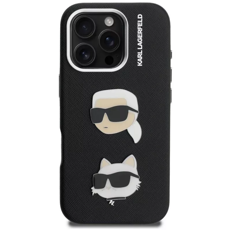 Capa KARL LAGERFELD FW Grained Karl & Choupette Heads Pins para iPhone 16 Pro, preto