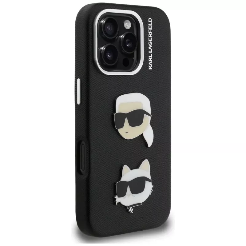 Capa KARL LAGERFELD FW Grained Karl & Choupette Heads Pins para iPhone 16 Pro, preto