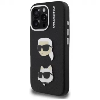 Capa KARL LAGERFELD FW Grained Karl & Choupette Heads Pins para iPhone 16 Pro Max, preto