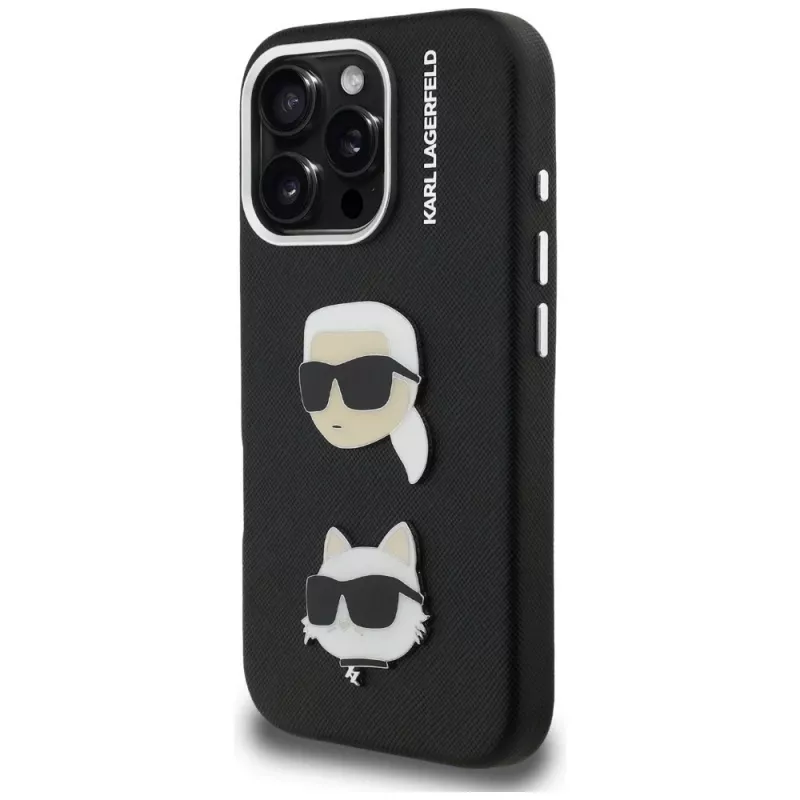 Capa KARL LAGERFELD FW Grained Karl & Choupette Heads Pins para iPhone 16 Pro Max, preto