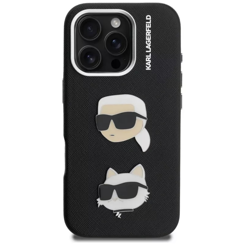 Capa KARL LAGERFELD FW Grained Karl & Choupette Heads Pins para iPhone 16 Pro Max, preto
