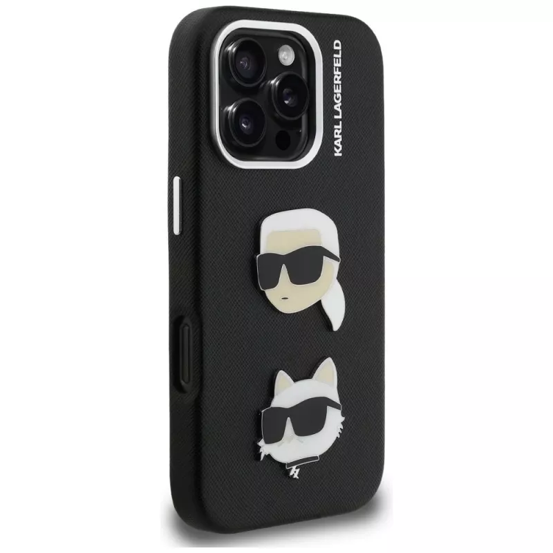 Capa KARL LAGERFELD FW Grained Karl & Choupette Heads Pins para iPhone 16 Pro Max, preto