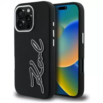 Capa Karl Lagerfeld FW Grained Signature Logo para iPhone 16 Pro, preto