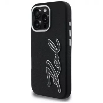 Capa Karl Lagerfeld FW Grained Signature Logo para iPhone 16 Pro, preto