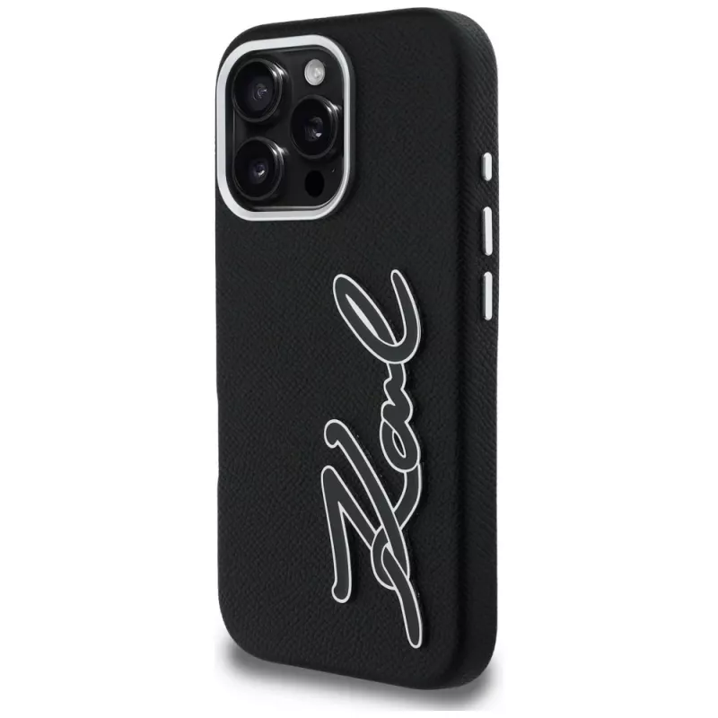 Capa Karl Lagerfeld FW Grained Signature Logo para iPhone 16 Pro, preto