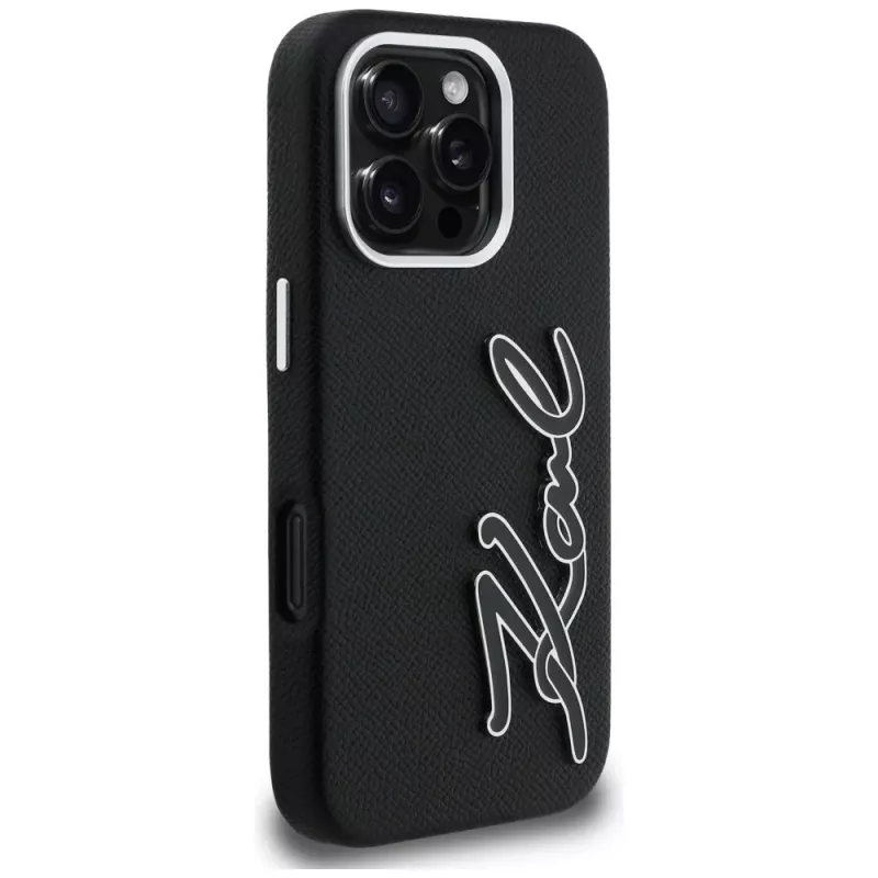 Capa Karl Lagerfeld FW Grained Signature Logo para iPhone 16 Pro, preto