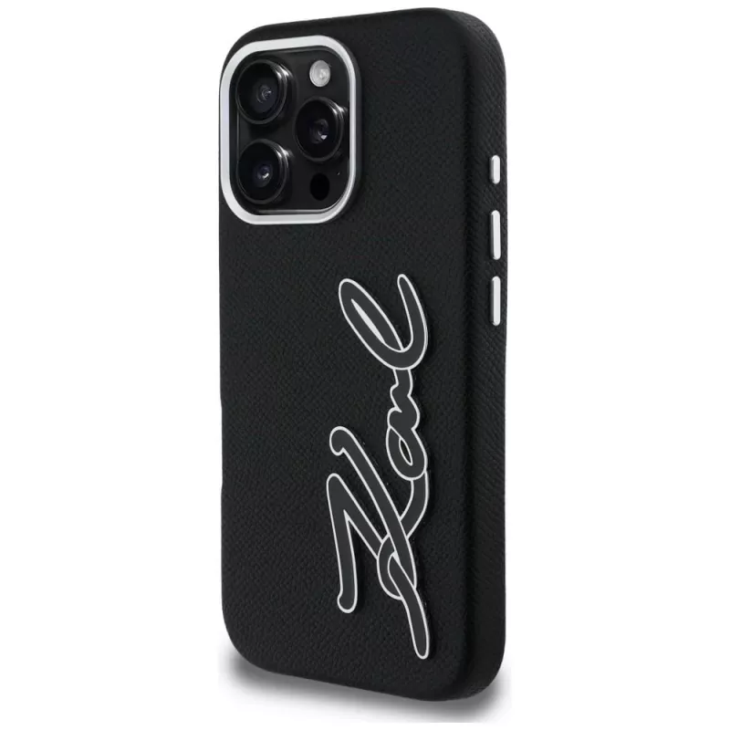 Capa KARL LAGERFELD FW Grained Signature Logo para iPhone 16 Pro Max, preto