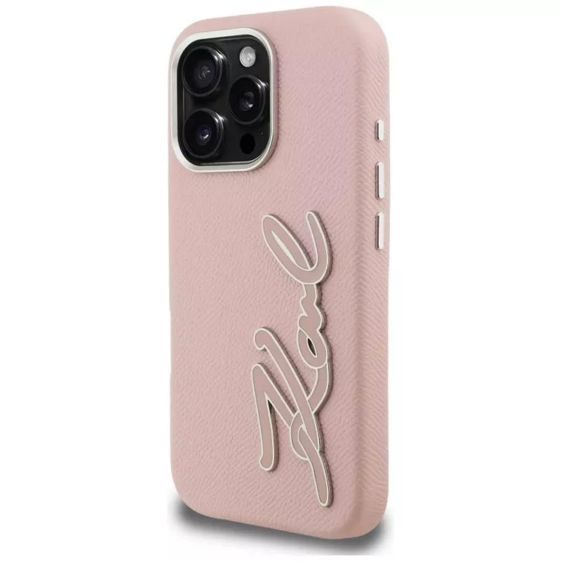 Capa rígida KARL LAGERFELD FW Grained Signature Logo para iPhone 16 Pro, rosa
