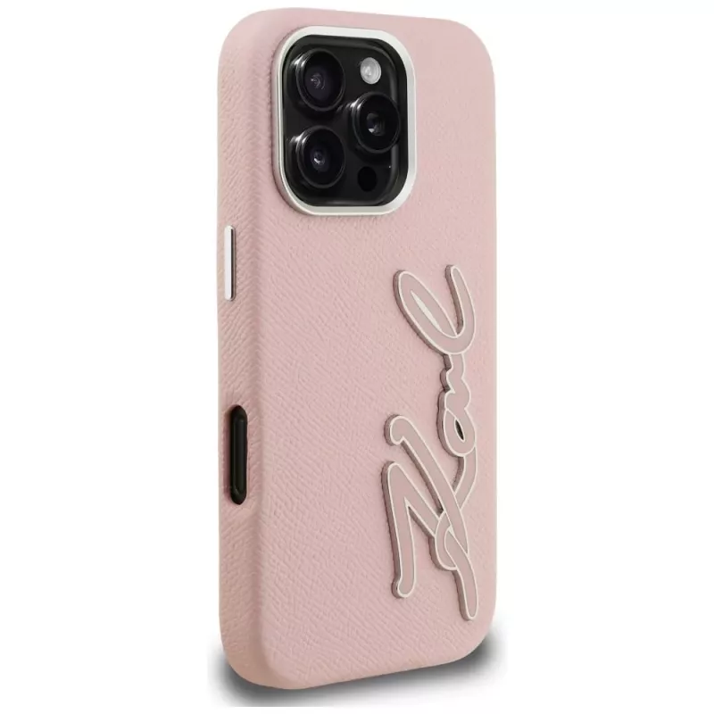 Capa rígida KARL LAGERFELD FW Grained Signature Logo para iPhone 16 Pro, rosa