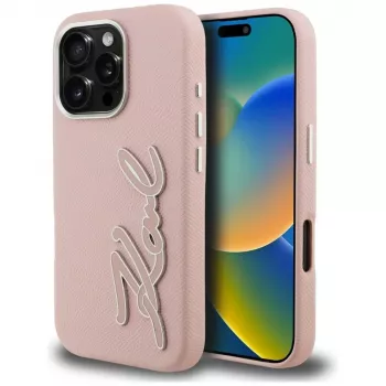 Capa KARL LAGERFELD FW Grained Signature Logo para iPhone 16 Pro Max, rosa