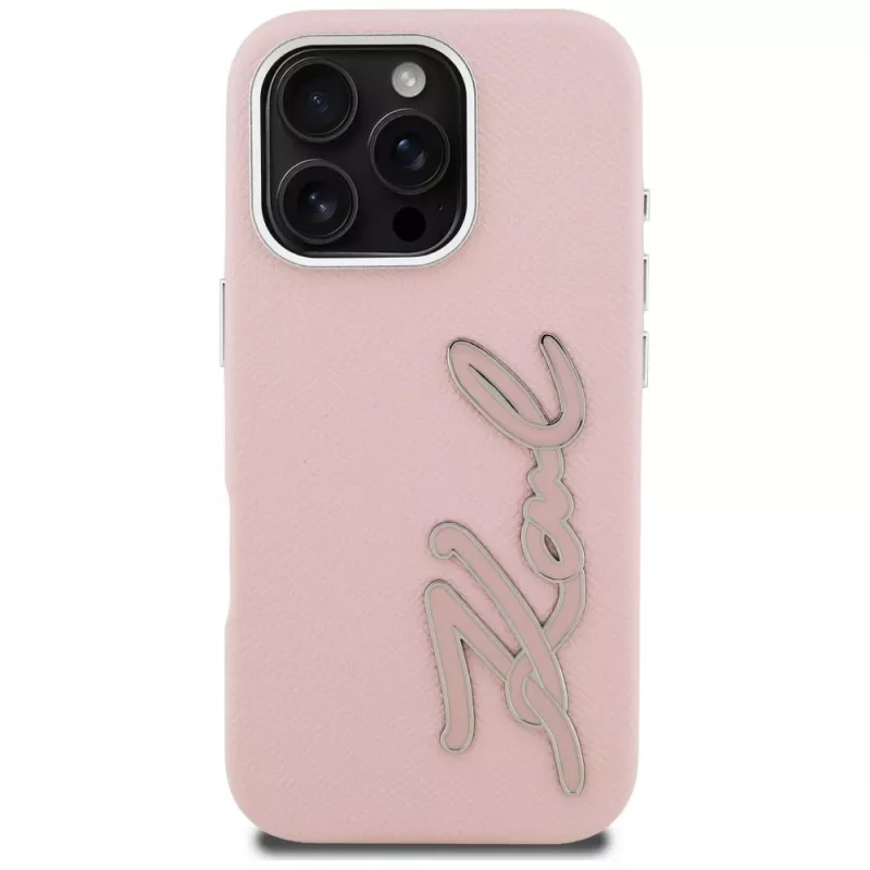 Capa KARL LAGERFELD FW Grained Signature Logo para iPhone 16 Pro Max, rosa