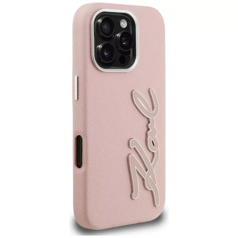 Capa KARL LAGERFELD FW Grained Signature Logo para iPhone 16 Pro Max, rosa