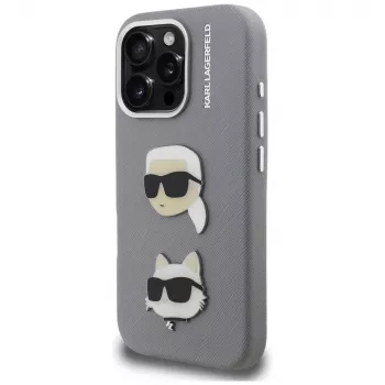 Capa KARL LAGERFELD FW Grained Karl & Choupette Heads Pins para iPhone 16 Pro Max, cinzento