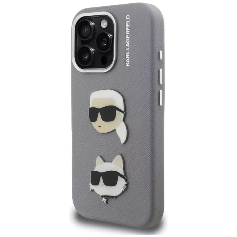 Capa KARL LAGERFELD FW Grained Karl & Choupette Heads Pins para iPhone 16 Pro Max, cinzento