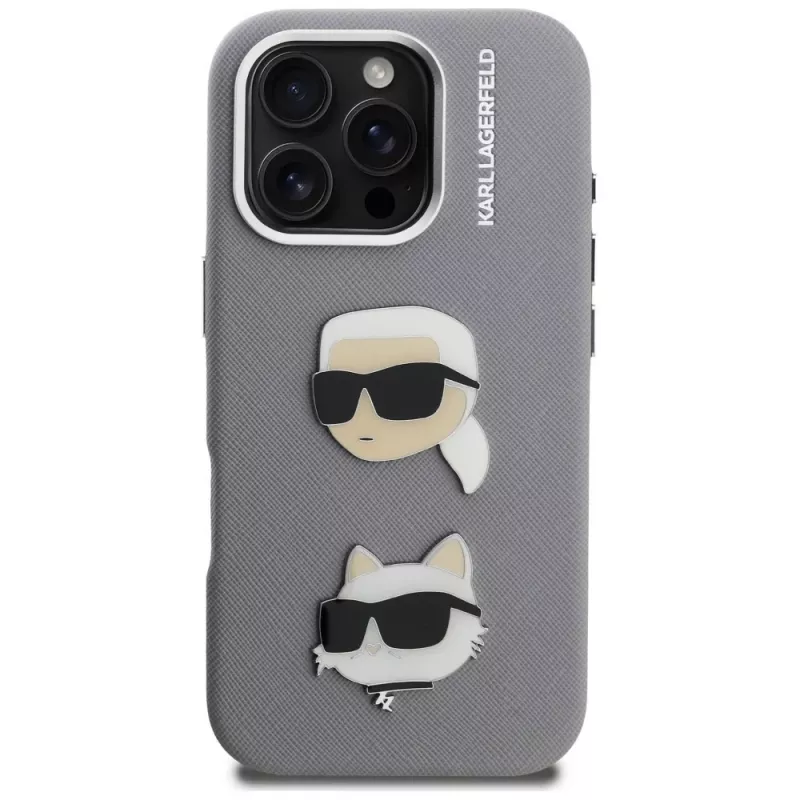 Capa KARL LAGERFELD FW Grained Karl & Choupette Heads Pins para iPhone 16 Pro Max, cinzento