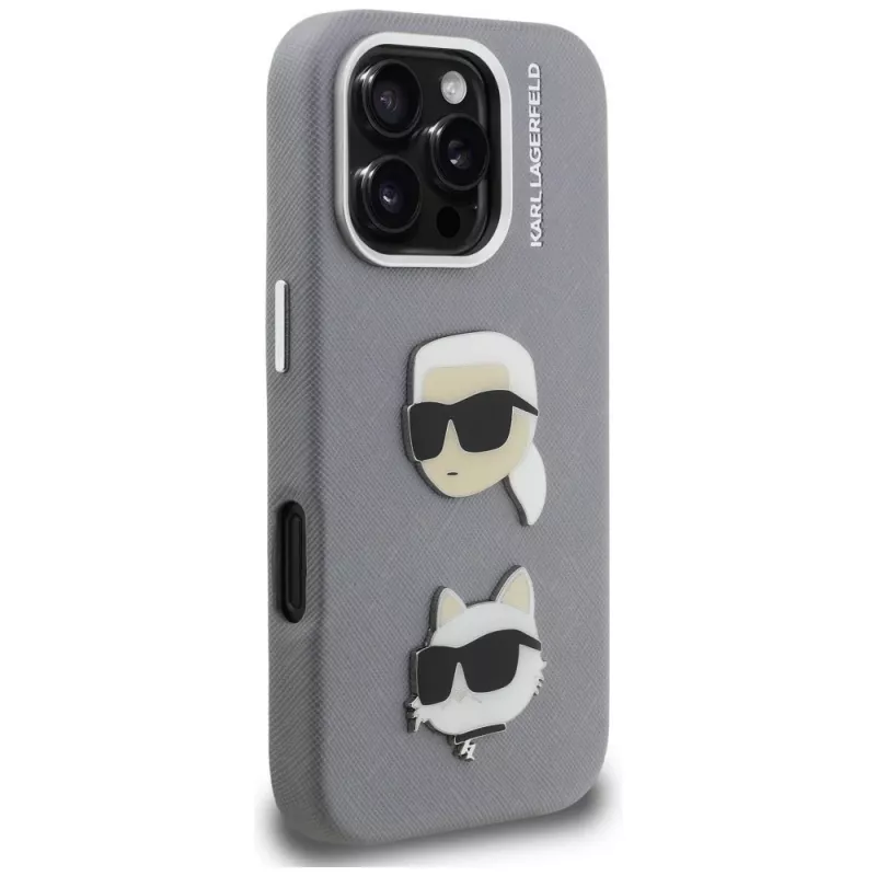 Capa KARL LAGERFELD FW Grained Karl & Choupette Heads Pins para iPhone 16 Pro Max, cinzento