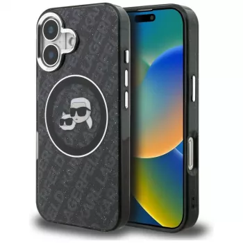 Capa MagSafe Karl Lagerfeld IML Glitter Karl & Choupette Heads Logo para iPhone 16, preto
