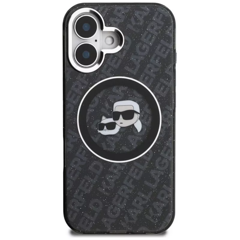 Capa MagSafe Karl Lagerfeld IML Glitter Karl & Choupette Heads Logo para iPhone 16, preto
