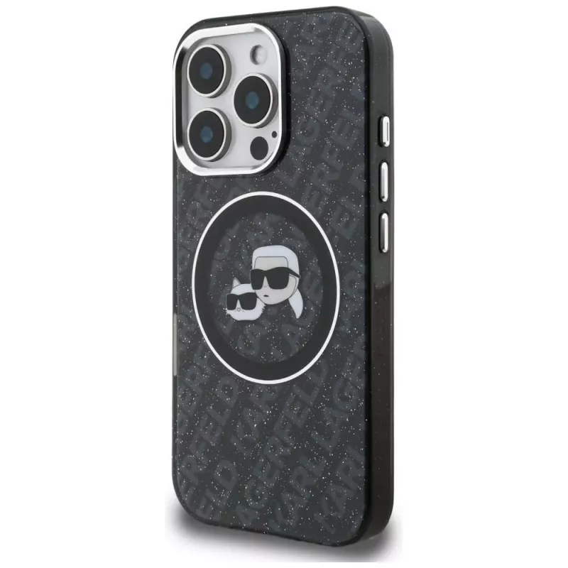 Capa MagSafe KARL LAGERFELD IML Glitter Karl & Choupette Heads Logo para iPhone 16 Pro Max, preto