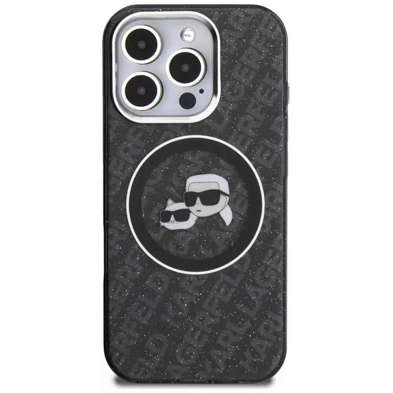 Capa MagSafe KARL LAGERFELD IML Glitter Karl & Choupette Heads Logo para iPhone 16 Pro Max, preto