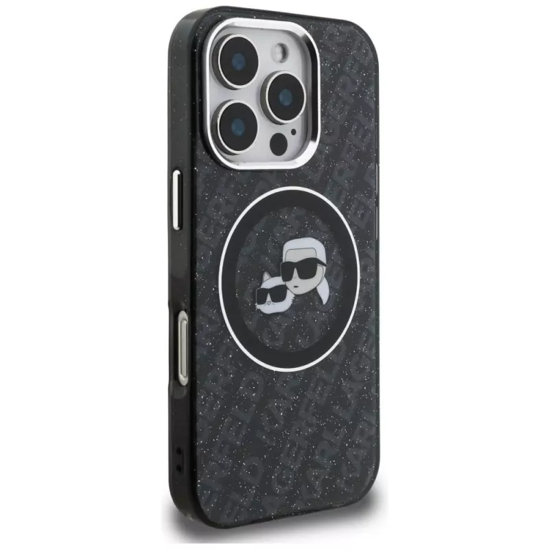 Capa MagSafe KARL LAGERFELD IML Glitter Karl & Choupette Heads Logo para iPhone 16 Pro Max, preto