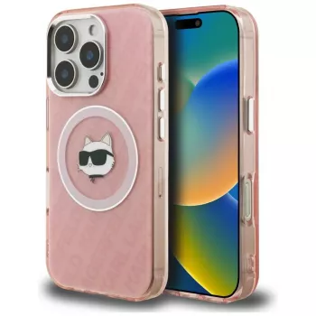 Capa MagSafe Karl Lagerfeld IML Choupette Head Logo para Apple iPhone 16 Pro Max, rosa