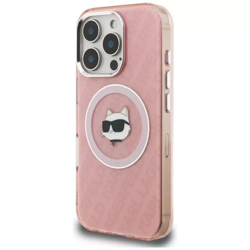 Capa MagSafe Karl Lagerfeld IML Choupette Head Logo para Apple iPhone 16 Pro Max, rosa