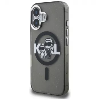 Capa MagSafe KARL LAGERFELD IML Glitter Karl & Choupette Sketch Logo para iPhone 16 preto