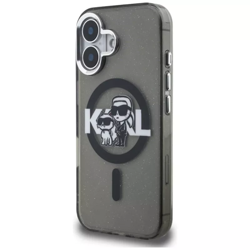 Capa MagSafe KARL LAGERFELD IML Glitter Karl & Choupette Sketch Logo para iPhone 16 preto