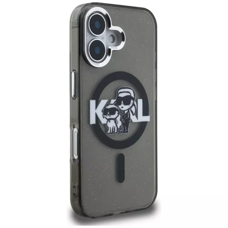 Capa MagSafe KARL LAGERFELD IML Glitter Karl & Choupette Sketch Logo para iPhone 16 preto