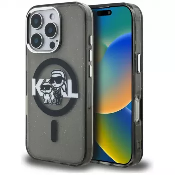 Capa MagSafe Karl Lagerfeld IML Glitter Karl & Choupette Sketch Logo para iPhone 16 Pro preto