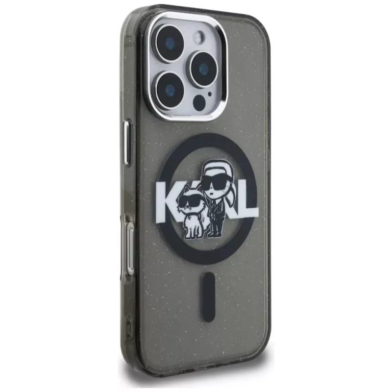Capa MagSafe Karl Lagerfeld IML Glitter Karl & Choupette Sketch Logo para iPhone 16 Pro preto