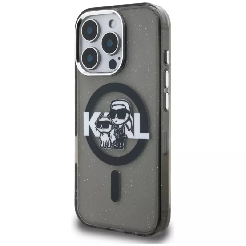 Capa MagSafe Karl Lagerfeld IML Glitter Karl & Choupette Sketch Logo para iPhone 16 Pro Max preto