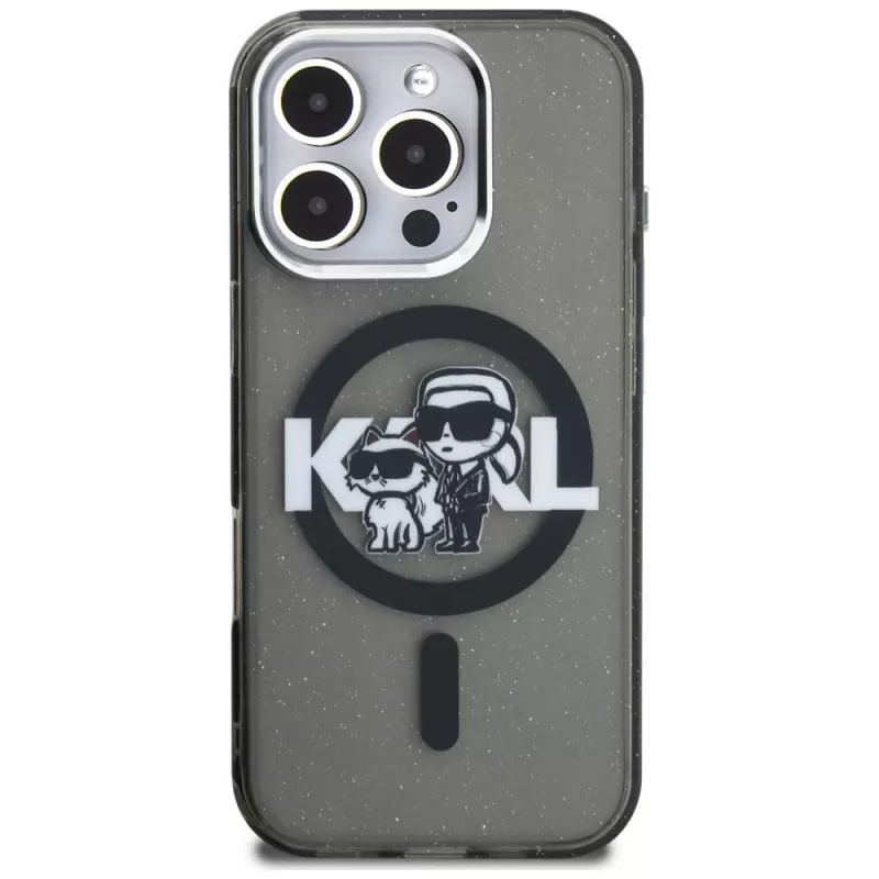 Capa MagSafe Karl Lagerfeld IML Glitter Karl & Choupette Sketch Logo para iPhone 16 Pro Max preto