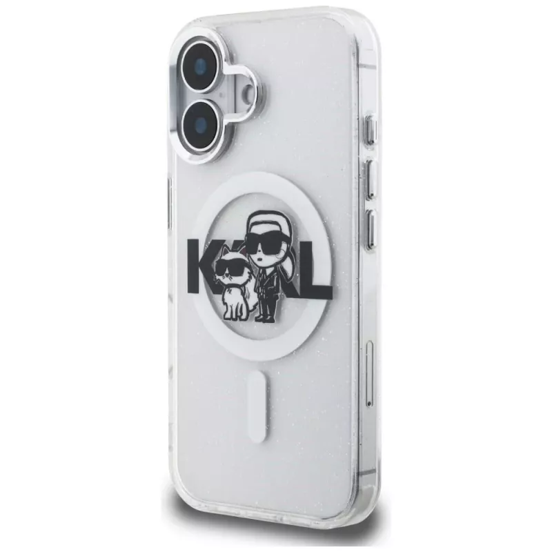 Capa MagSafe Karl Lagerfeld IML Glitter Karl & Choupette Sketch Logo para iPhone 16, transparente
