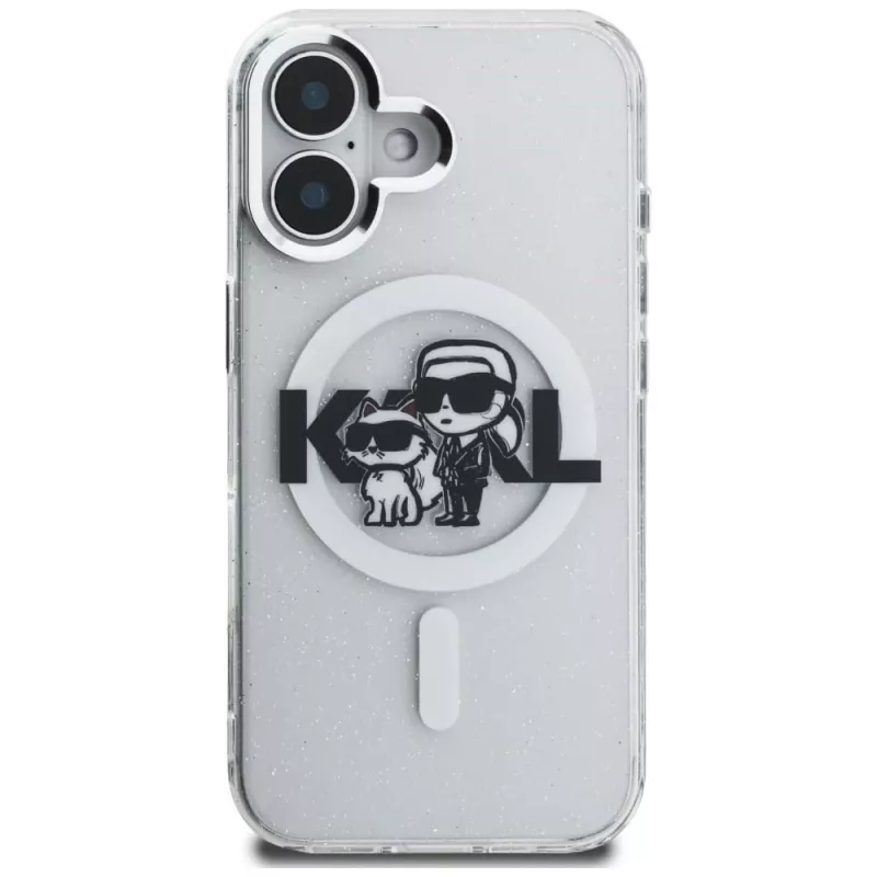 Capa MagSafe Karl Lagerfeld IML Glitter Karl & Choupette Sketch Logo para iPhone 16, transparente