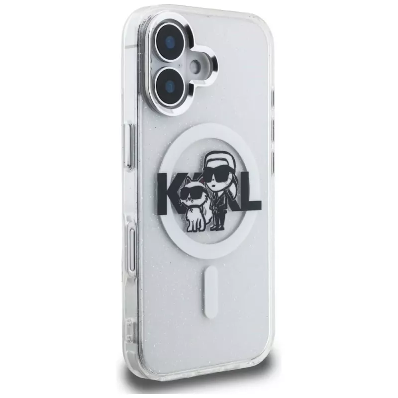 Capa MagSafe Karl Lagerfeld IML Glitter Karl & Choupette Sketch Logo para iPhone 16, transparente