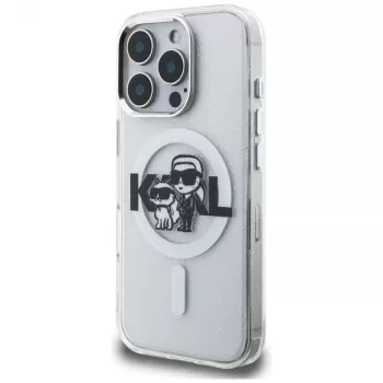 Capa MagSafe KARL LAGERFELD IML Glitter Karl & Choupette Sketch Logo para iPhone 16 Pro, transparente
