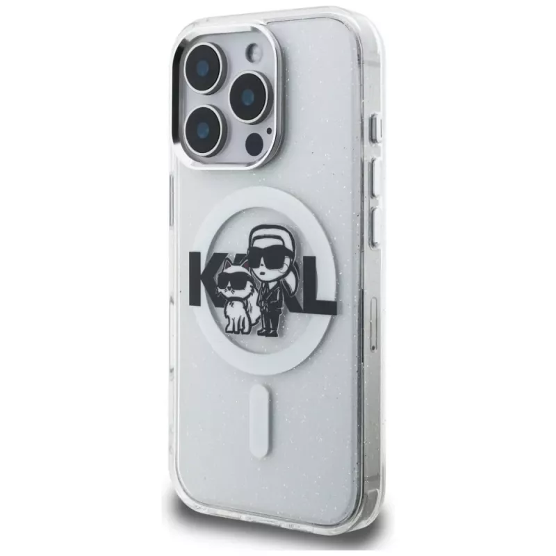 Capa MagSafe Karl Lagerfeld IML Glitter Karl & Choupette Sketch Logo para iPhone 16 Pro Max transparente