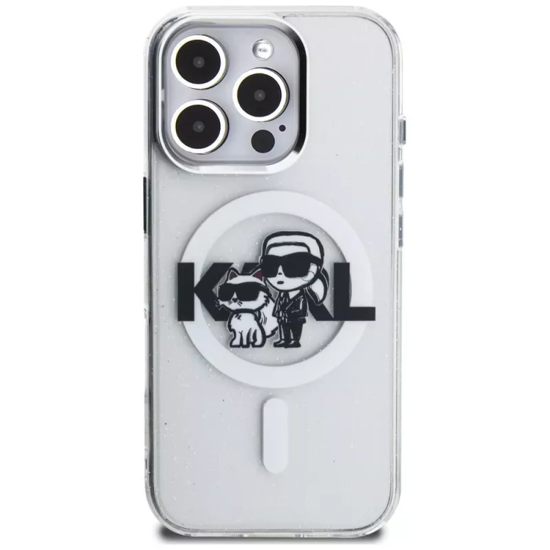 Capa MagSafe Karl Lagerfeld IML Glitter Karl & Choupette Sketch Logo para iPhone 16 Pro Max transparente