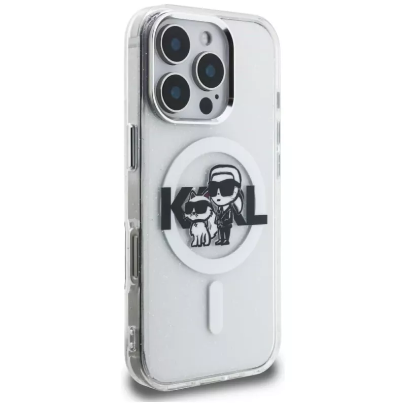 Capa MagSafe Karl Lagerfeld IML Glitter Karl & Choupette Sketch Logo para iPhone 16 Pro Max transparente