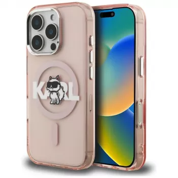 Capa MagSafe Karl Lagerfeld IML Choupette Sketch Logo para iPhone 16 Pro rosa