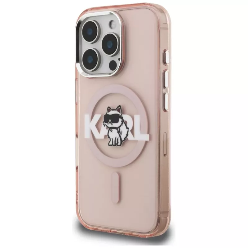 Capa MagSafe Karl Lagerfeld IML Choupette Sketch Logo para iPhone 16 Pro rosa