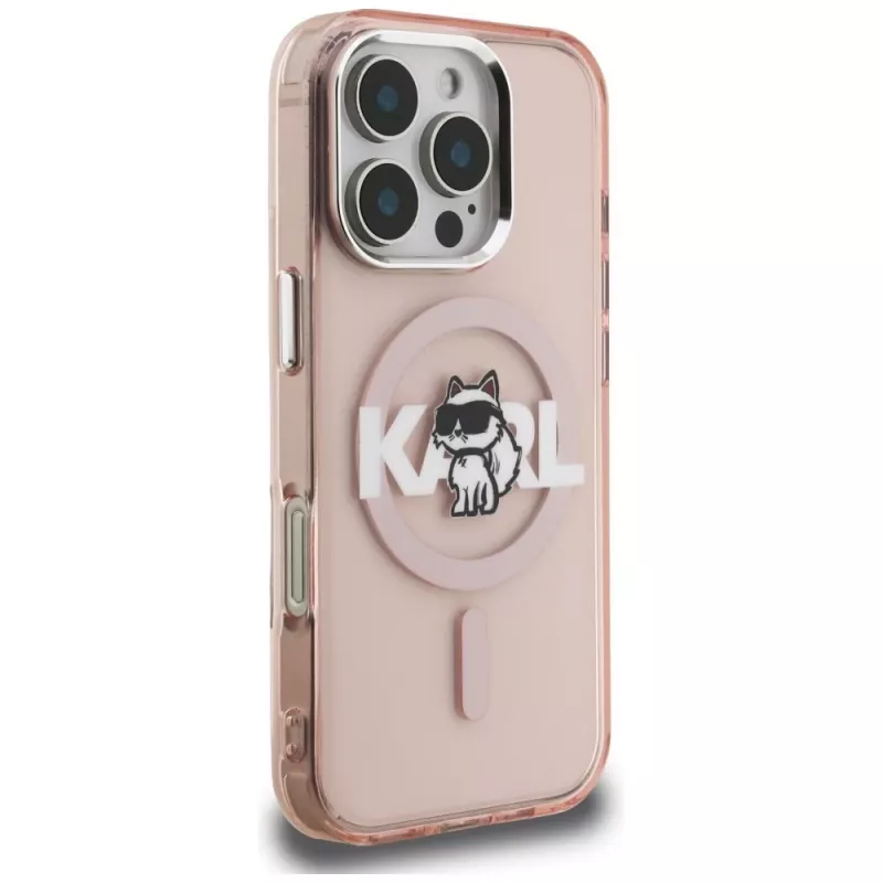 Capa MagSafe Karl Lagerfeld IML Choupette Sketch Logo para iPhone 16 Pro rosa
