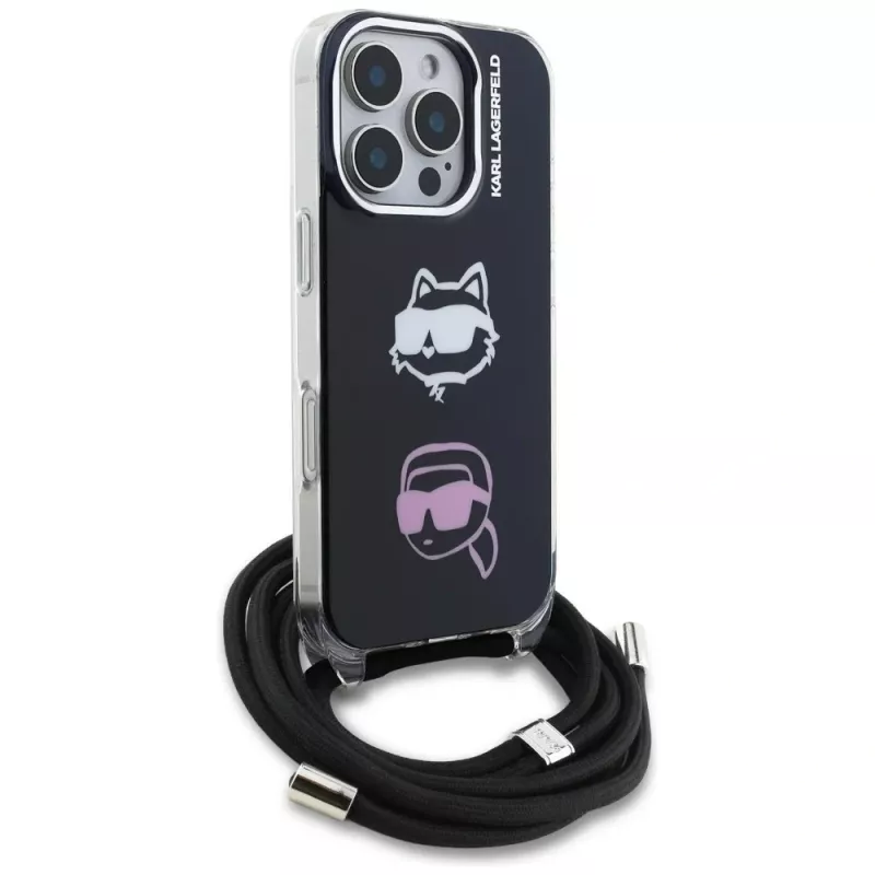 Capa crossbody KARL LAGERFELD IML com Karl & Choupette Head para Apple iPhone 16 Pro Max, preto