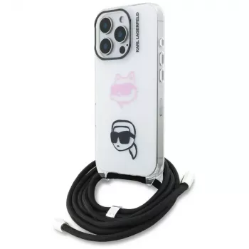 Capa crossbody KARL LAGERFELD IML para iPhone 16 Pro Max, branco, design Karl & Choupette Head