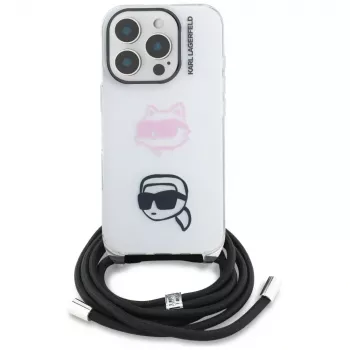 Capa crossbody KARL LAGERFELD IML para iPhone 16 Pro Max, branco, design Karl & Choupette Head