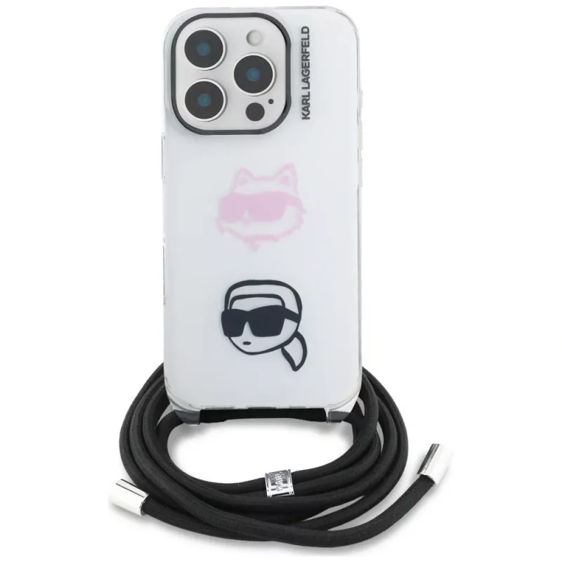 Capa crossbody KARL LAGERFELD IML para iPhone 16 Pro Max, branco, design Karl & Choupette Head