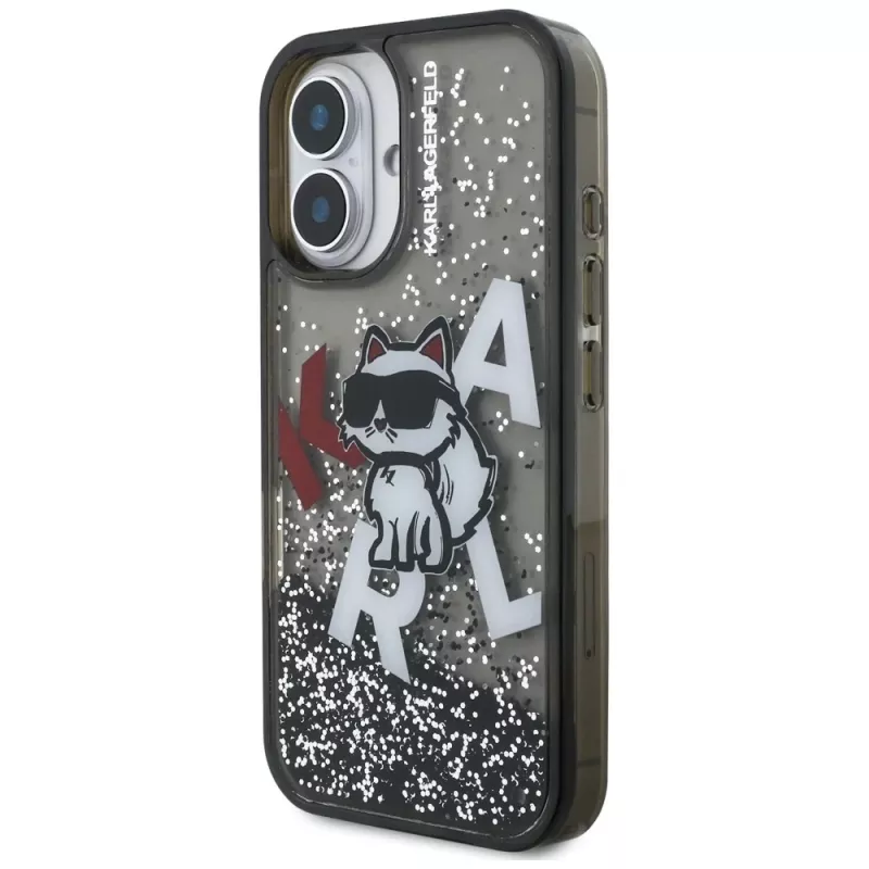 Capa KARL LAGERFELD Liquid Glitter Choupette Logo para iPhone 16, preto
